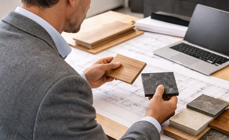 Architecte choisissant un rev&ecirc;tement de sol &eacute;co-responsable Udirev